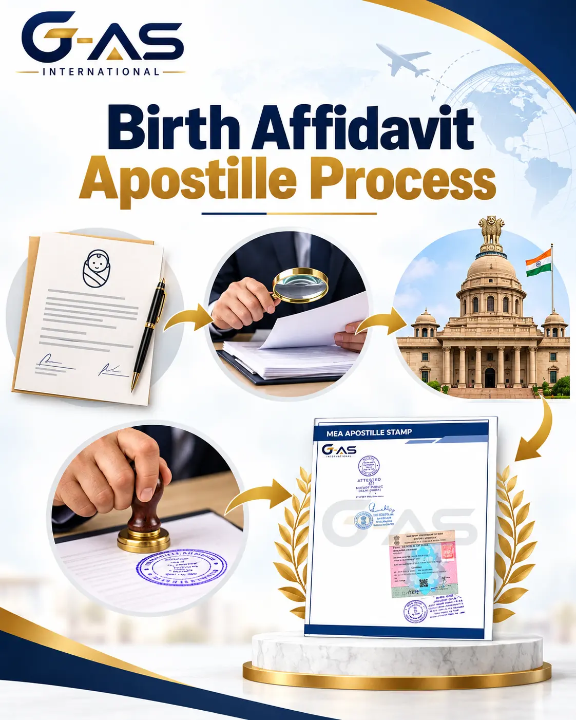 Birth Affidavit Apostille Process showing document verification and MEA apostille steps