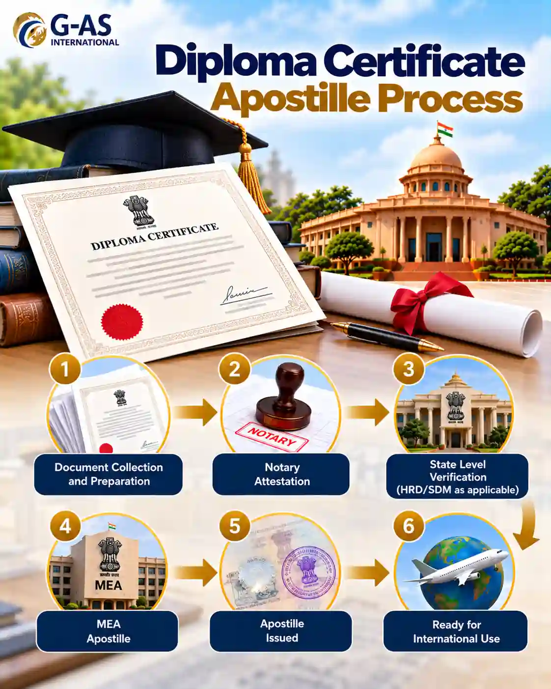 Diploma Certificate Apostille Process showing document verification and MEA apostille steps