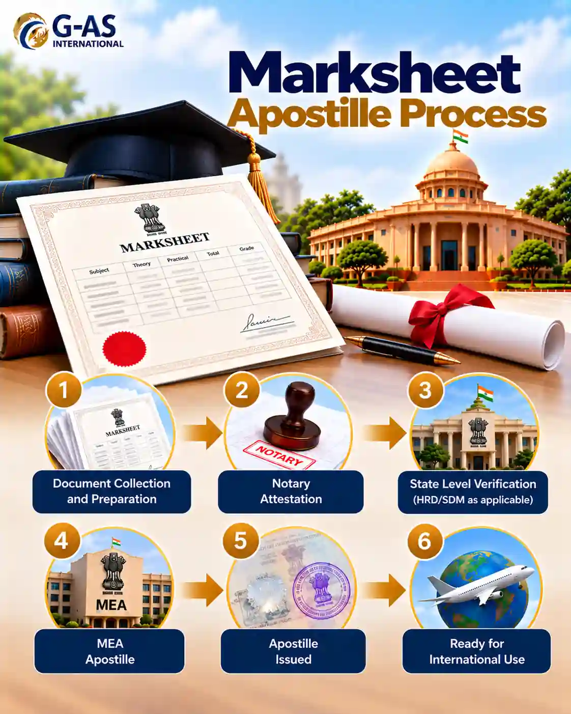 Marksheet Apostille Process in India showing document verification and MEA apostille steps