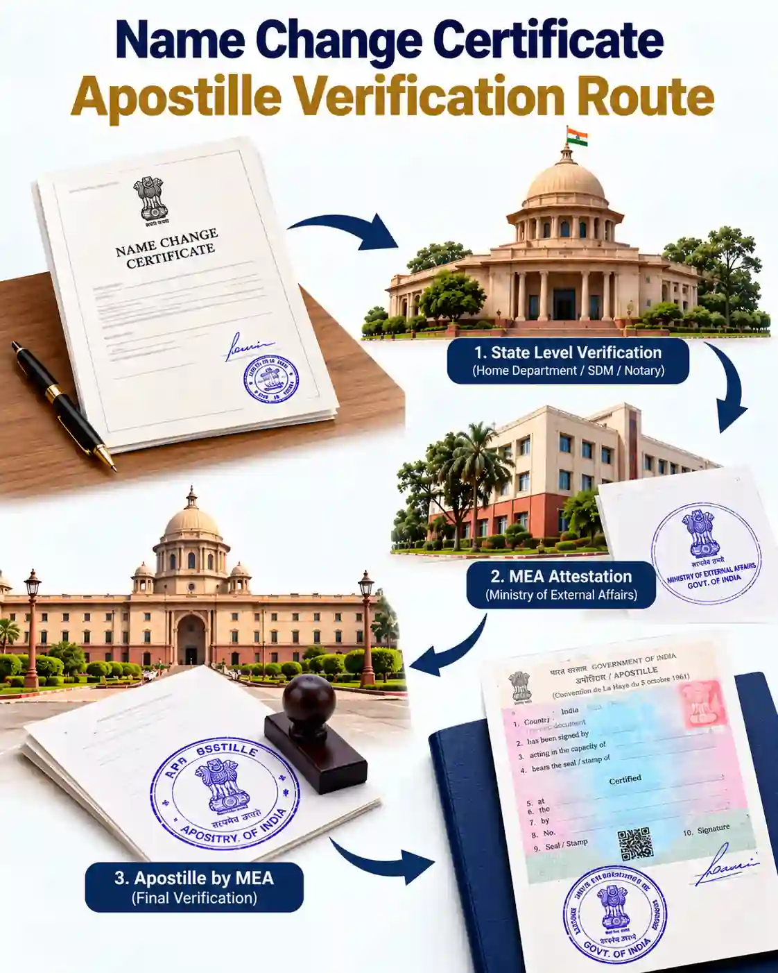 Name Change Certificate Apostille Verification Route showing state verification and MEA apostille stages