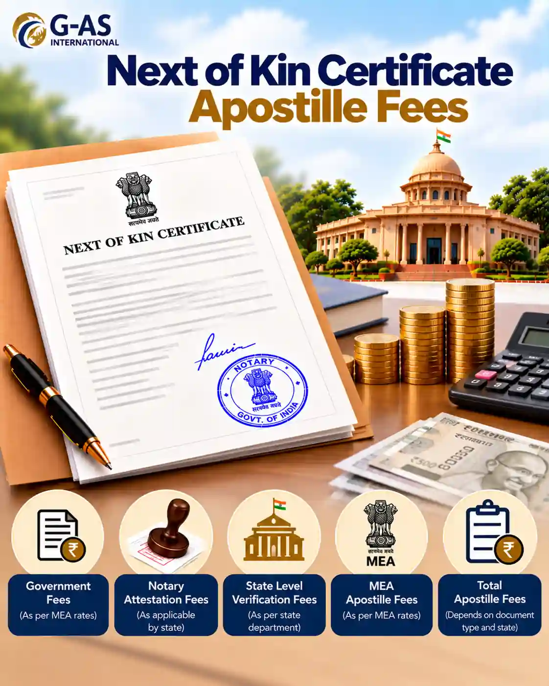 Next of Kin Certificate Apostille Fees and cost factors in India