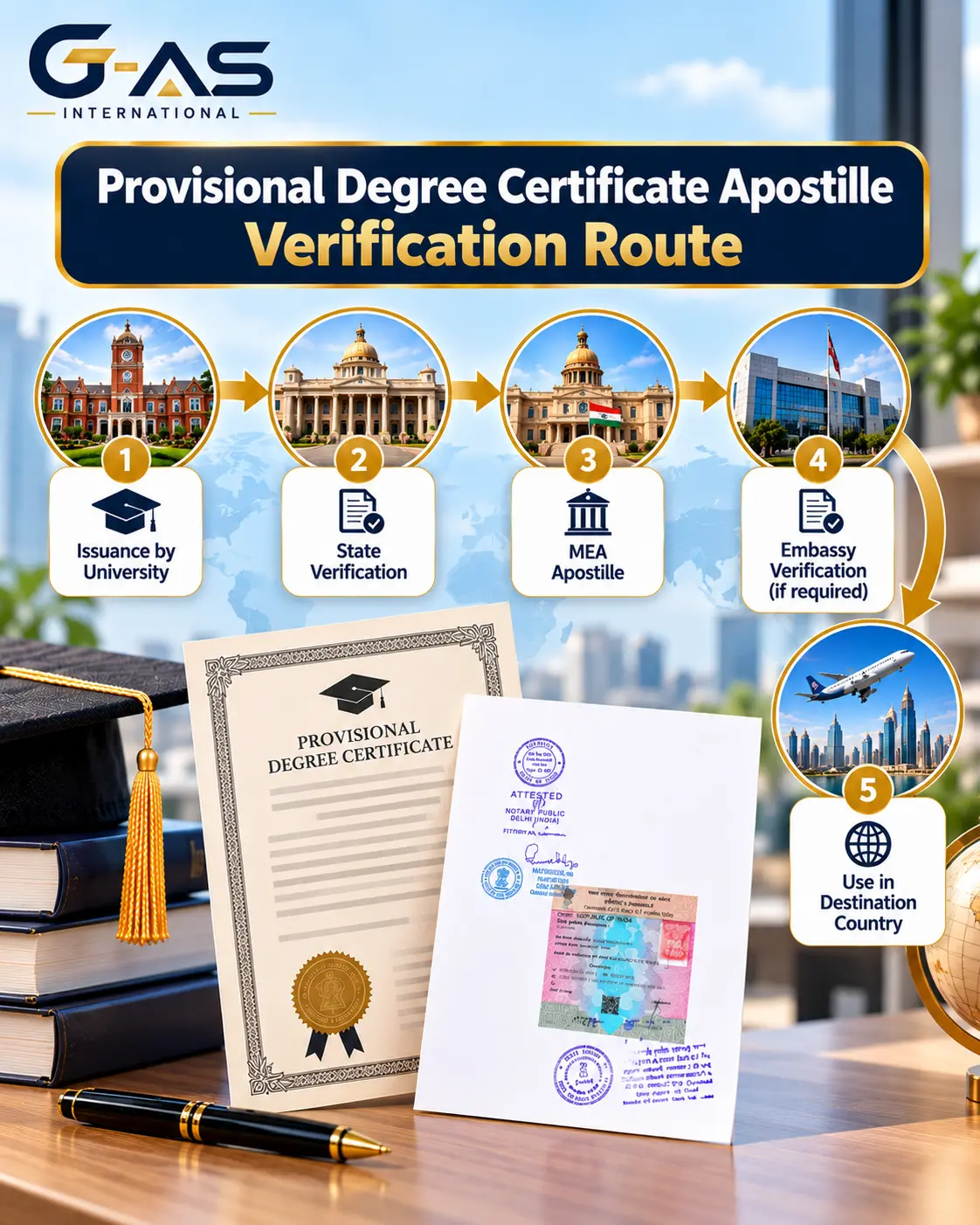Provisional Degree Certificate Apostille Verification Route showing state verification and MEA apostille stages