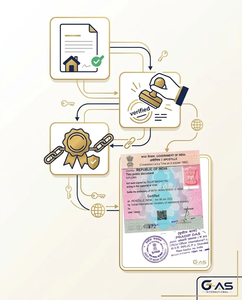 Residence Certificate Apostille Process showing document verification and MEA apostille steps