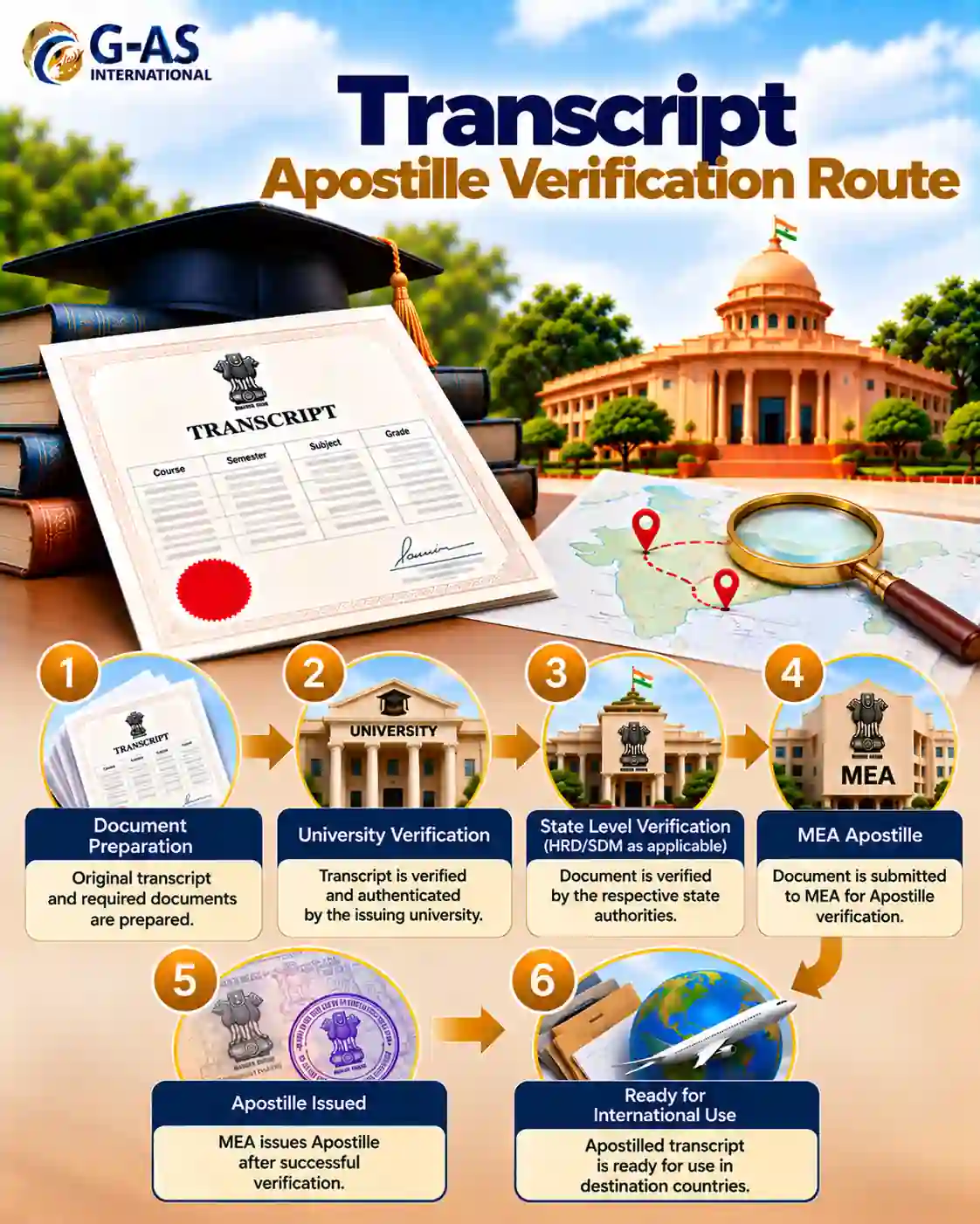 Transcript Apostille Verification Route showing university, state authentication and MEA apostille stages