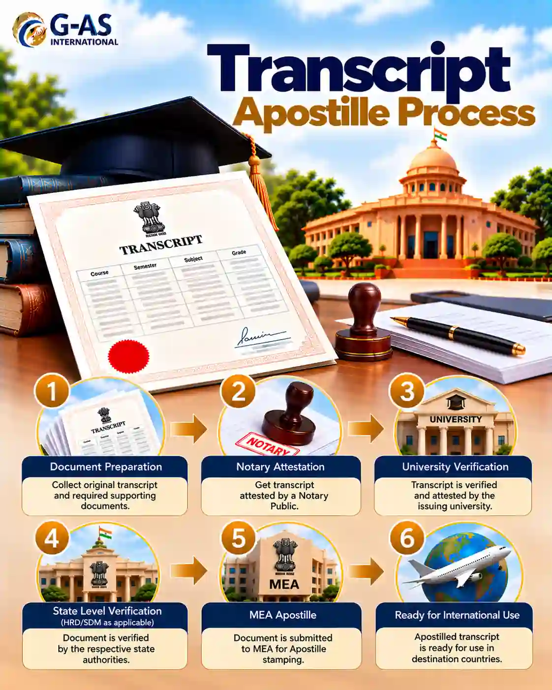 Transfer Certificate Apostille Process showing verification and MEA apostille steps in India