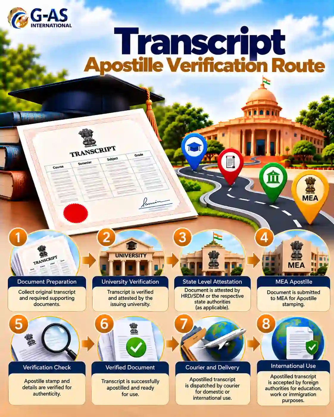 Transfer Certificate Apostille Verification Route showing pre-authentication and MEA apostille stages